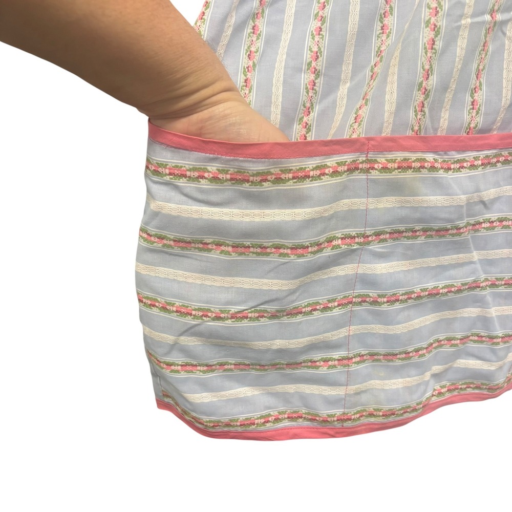 Vintage Blue Pink Floral Stripe Sleeveless Apron Dress Tie Back Pockets Retro - Picture 4 of 9